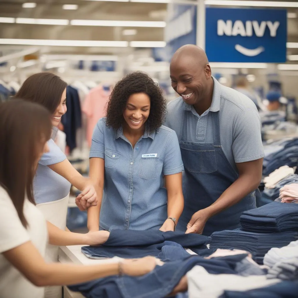 Smiling Old Navy employees folding clothes and assisting customers