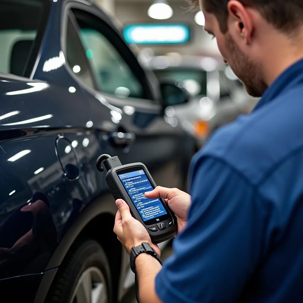 Mechanic using an on-demand scanning tool to diagnose a car problem