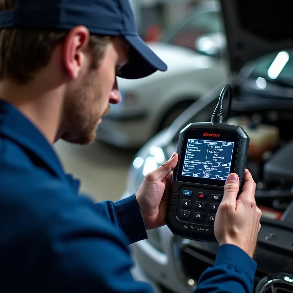 Mechanic using onion scanning tool to diagnose car ECU