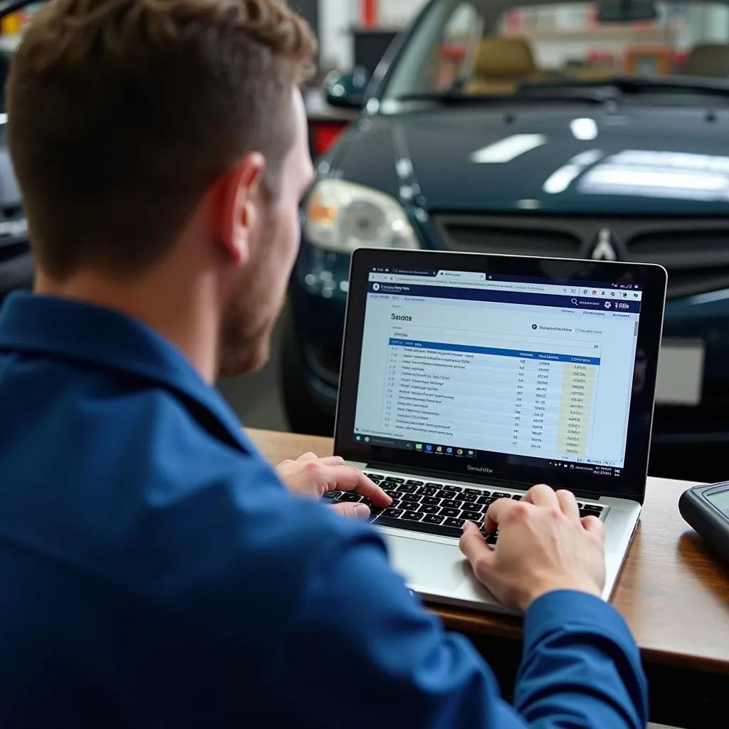 Mechanic researching car diagnostic codes on a laptop