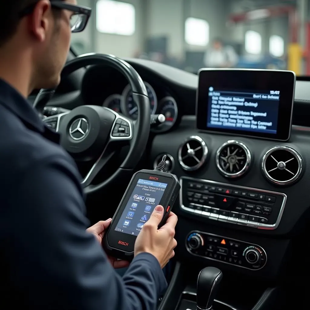 Mechanic using an O'Reilly Bosch scan tool on a European car