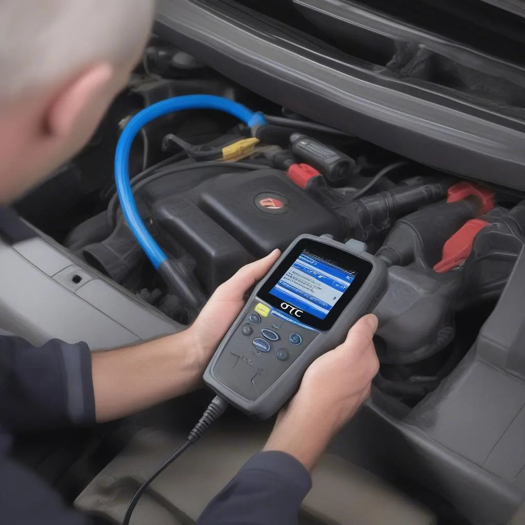 OTC 3210 OBD2 Scan Tool in action, performing a diagnostic check on a European car.