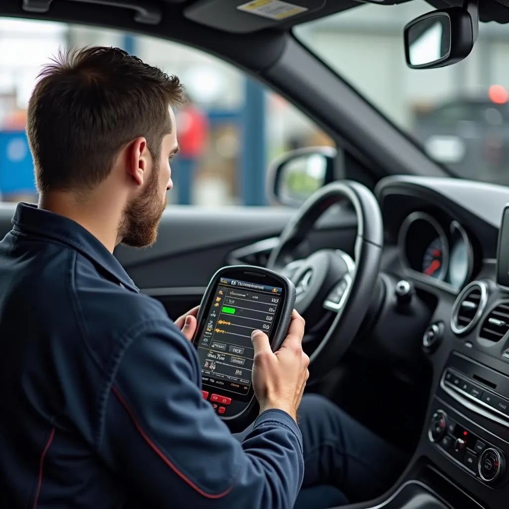 Mechanic using OTC 4000E scan tool