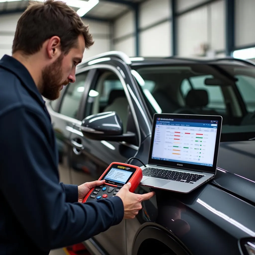 Mechanic using an OTC scan tool to diagnose a car in Australia