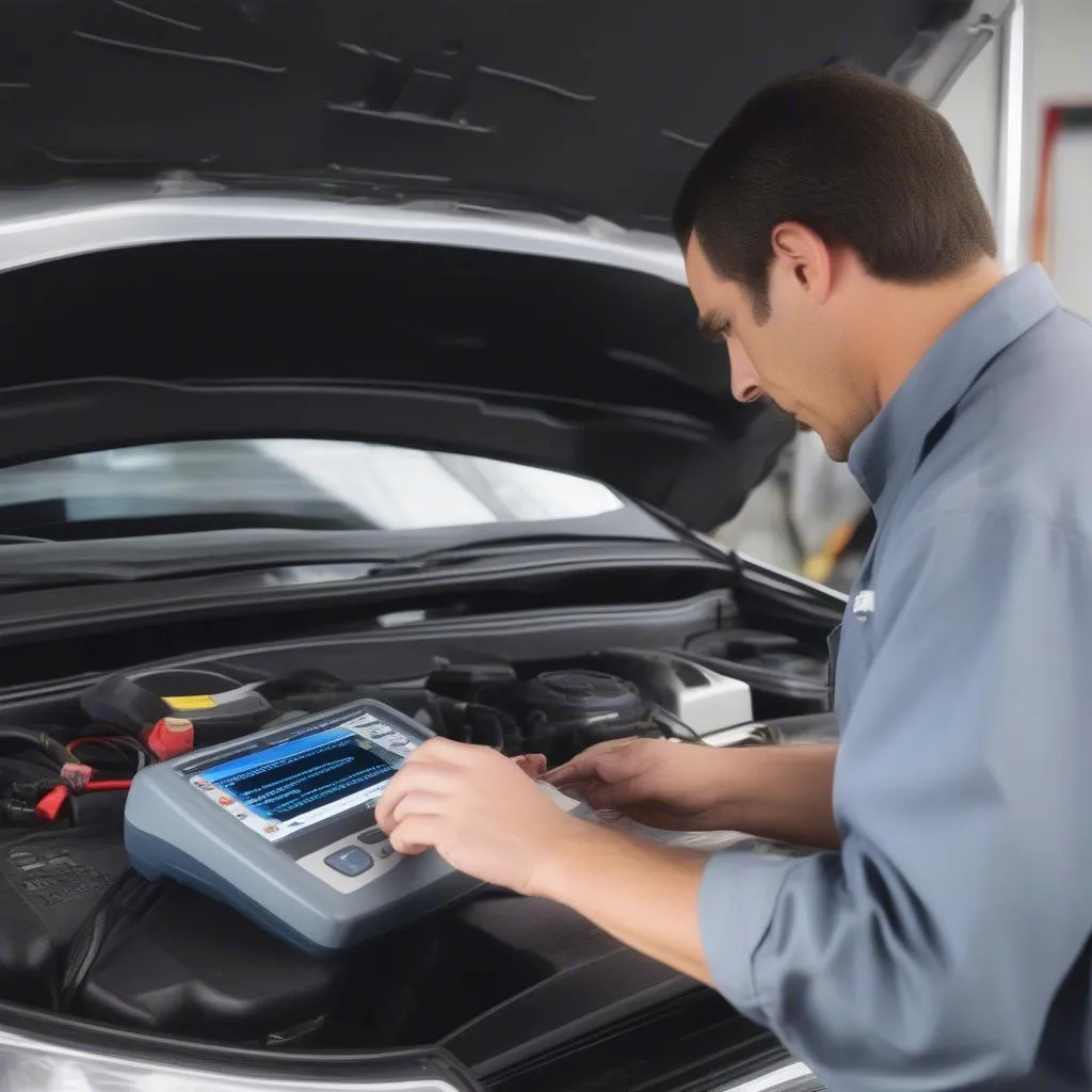 Mechanic using an OTC scanner on a car