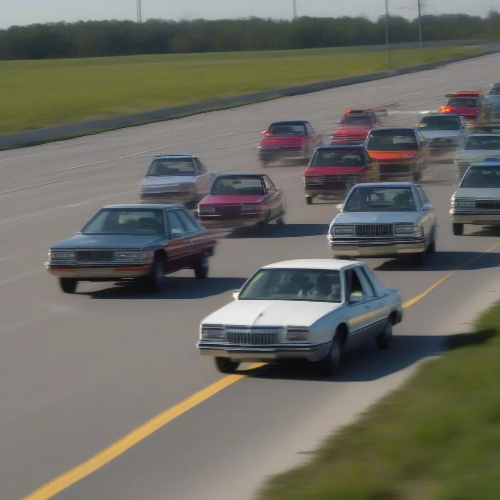 Pacer car leading a group of cars on a test track