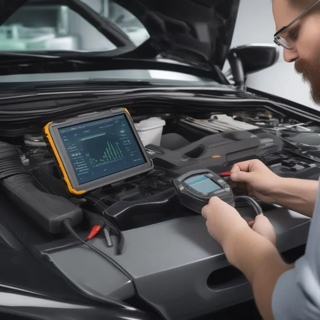 Paros scanning tool in action: mechanic using diagnostic equipment on a European car