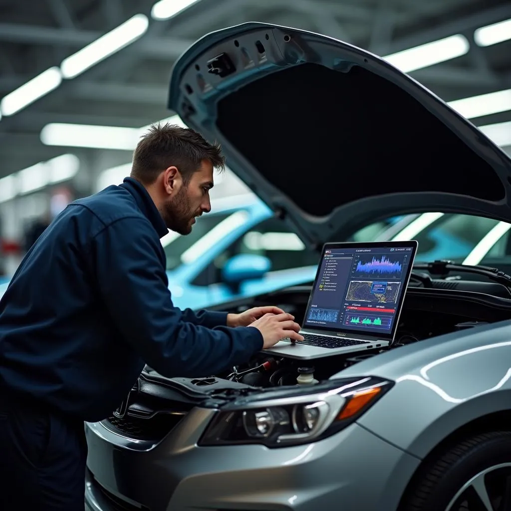 Mechanic using a PC-based scan tool to diagnose a car's engine