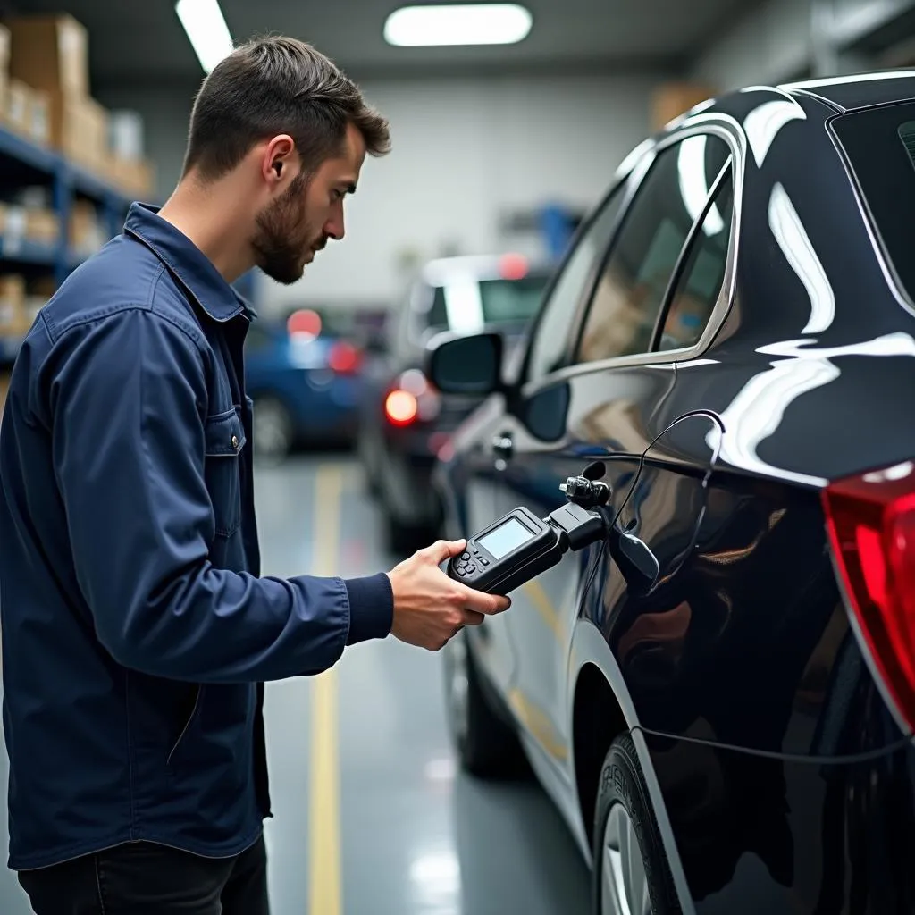 Mechanic using a PCI scanning tool on a modern car