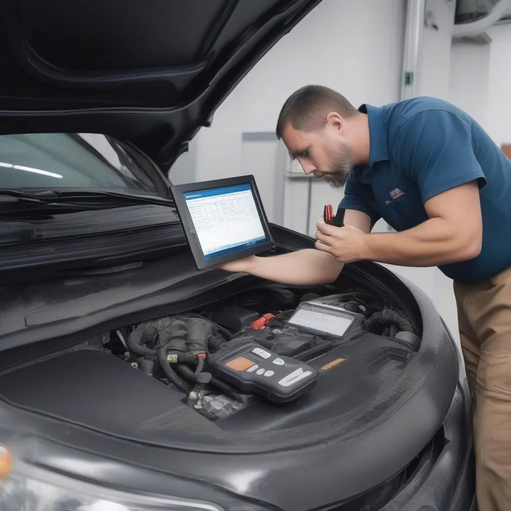 Mechanic using a scan tool on a car