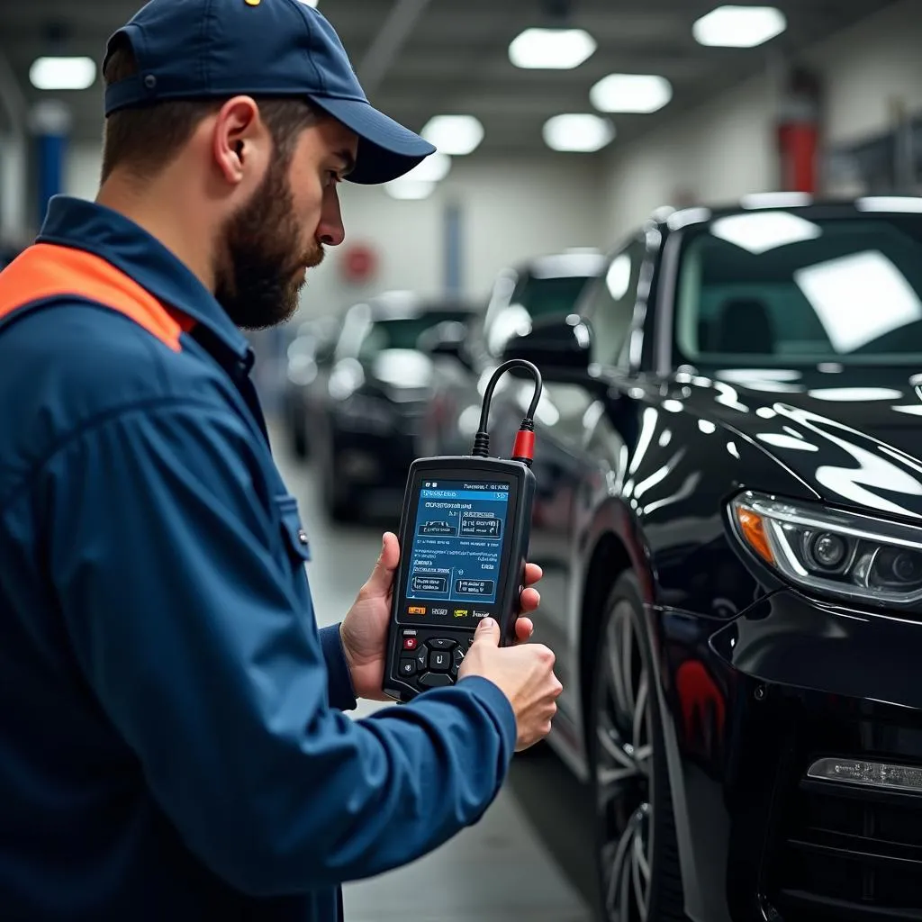 Mechanic using a performance scan tool on a modern car