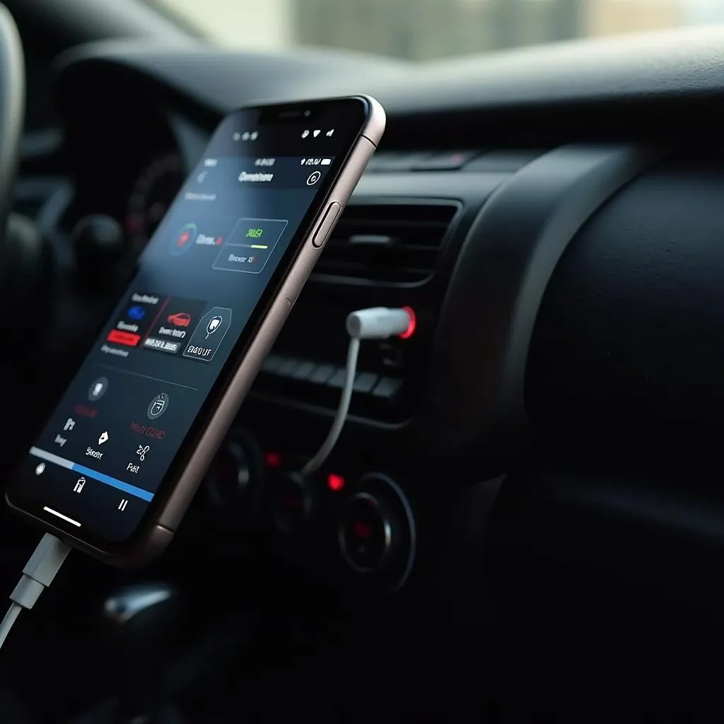 Smartphone connected to OBD-II adapter in a car