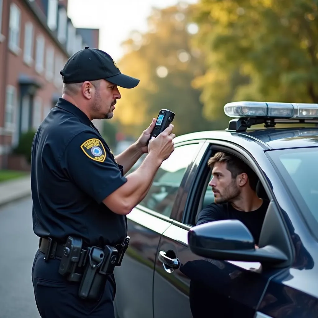 Police officer using a breathalyzer on a driver