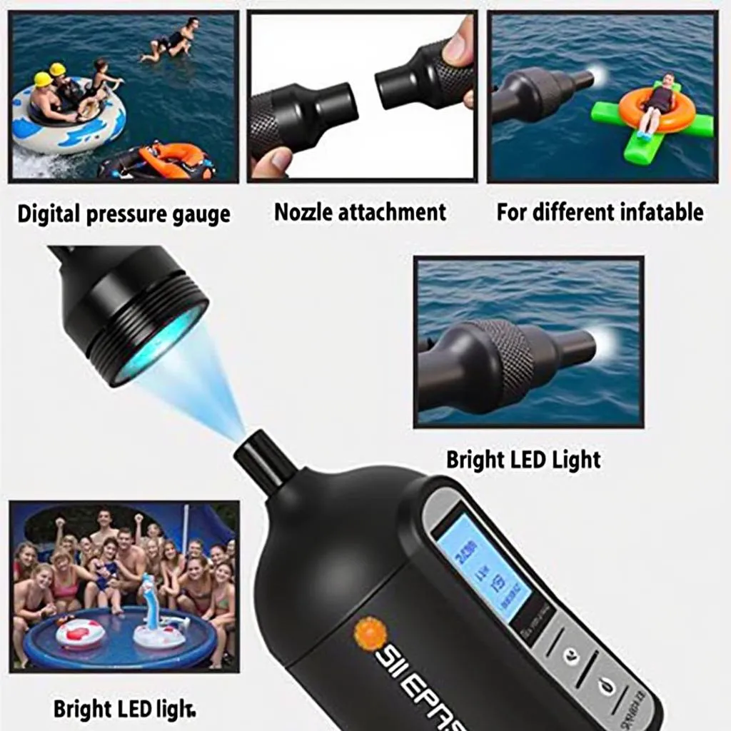 Portable air pump features with pressure gauge and adapters