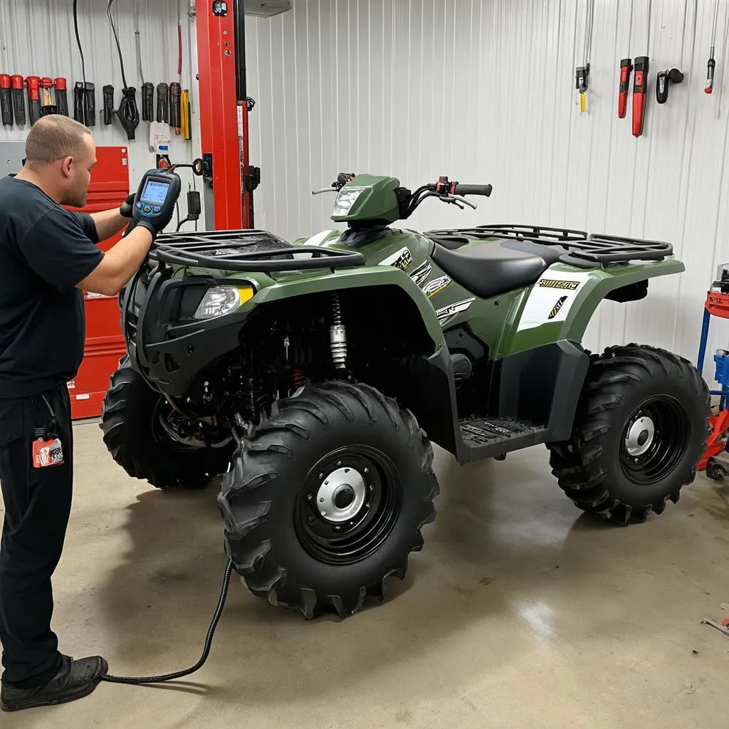 Mechanic using a powersports scan tool on an ATV