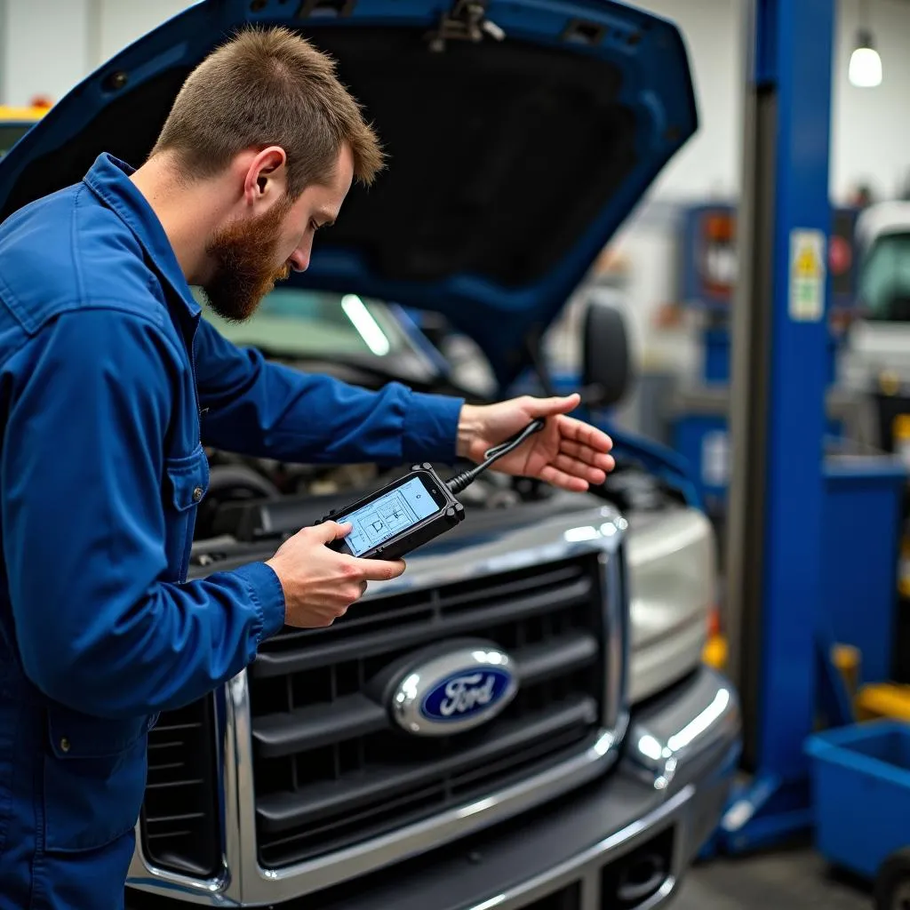 Mechanic using a Powerstroke diesel scan tool on a Ford truck