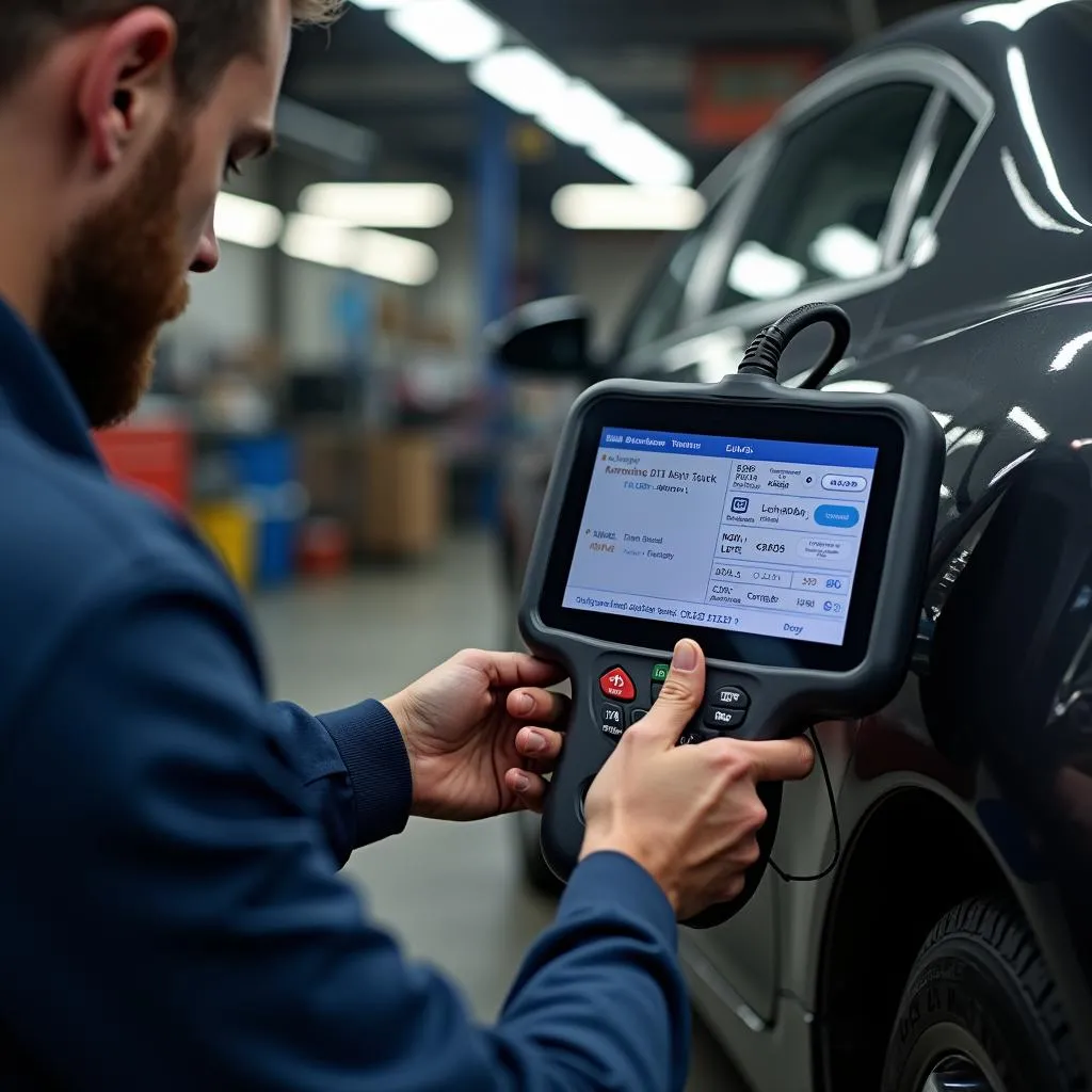 Mechanic using a professional-grade scan tool to diagnose an EVAP system issue on a car