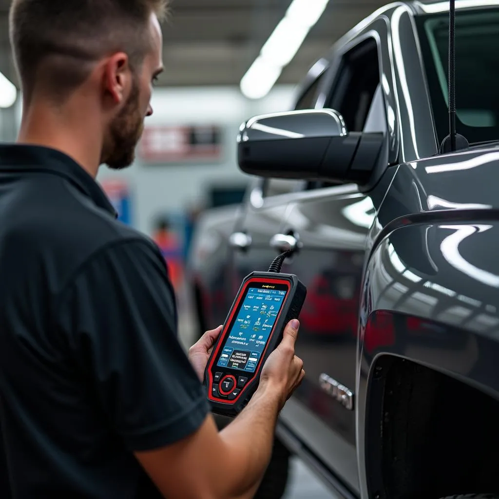 Mechanic using a professional-grade scan tool on a 2014 Chevrolet Silverado Diesel