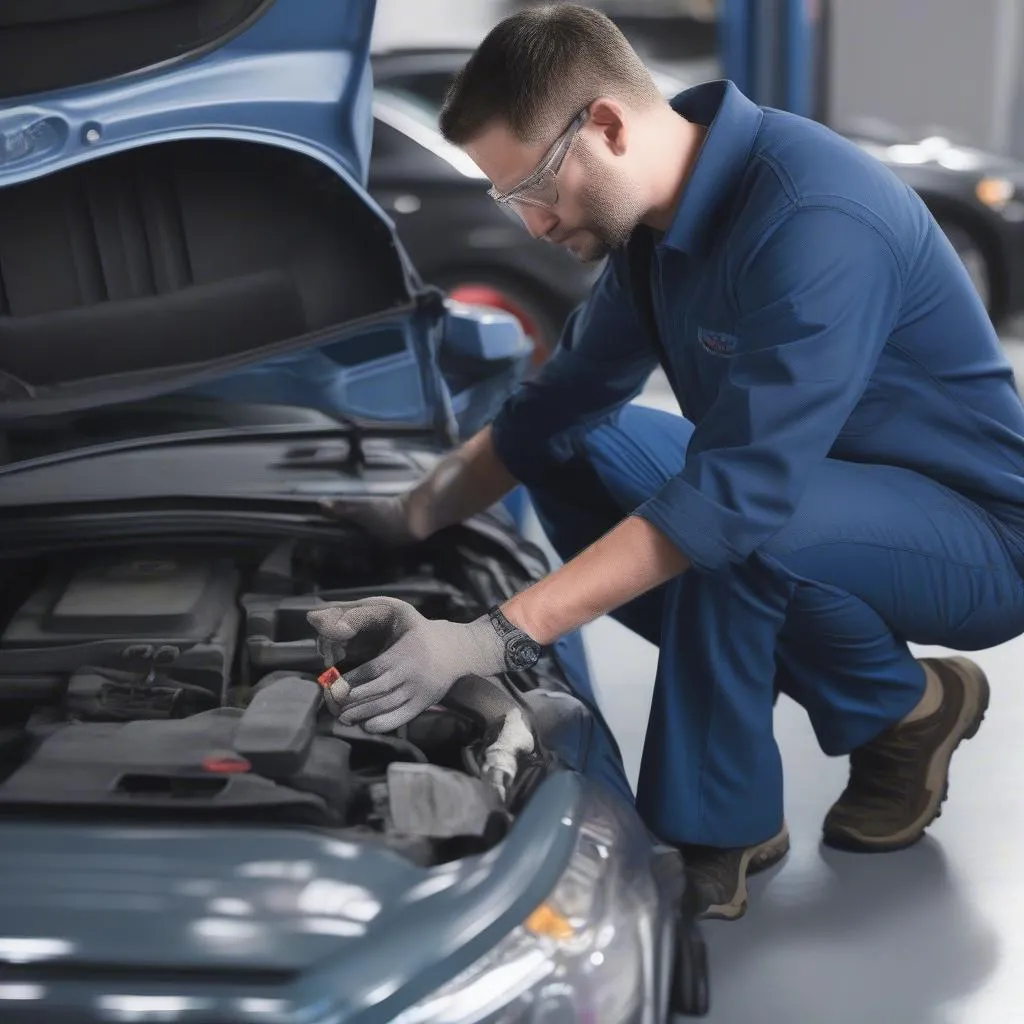 A professional mechanic diagnosing a Ford Fusion