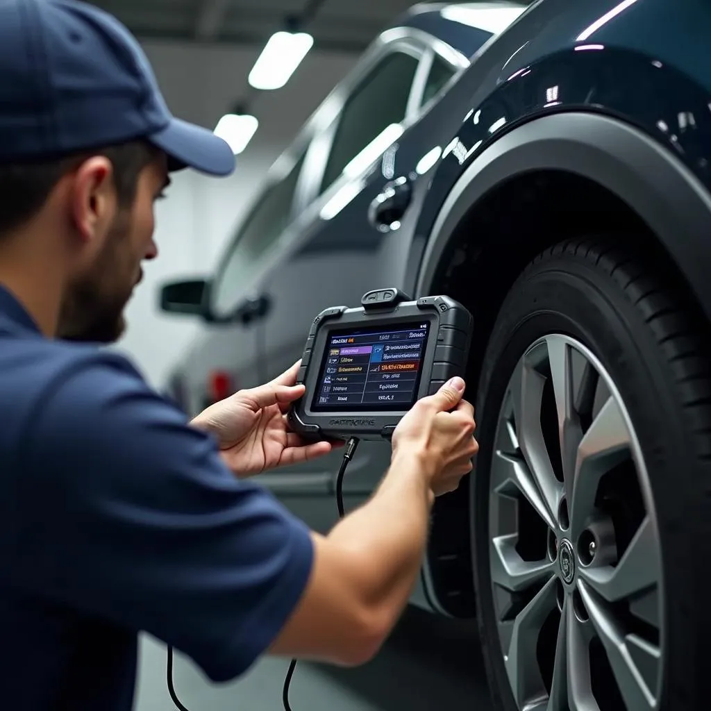 Mechanic using an active test scan tool to diagnose a car problem