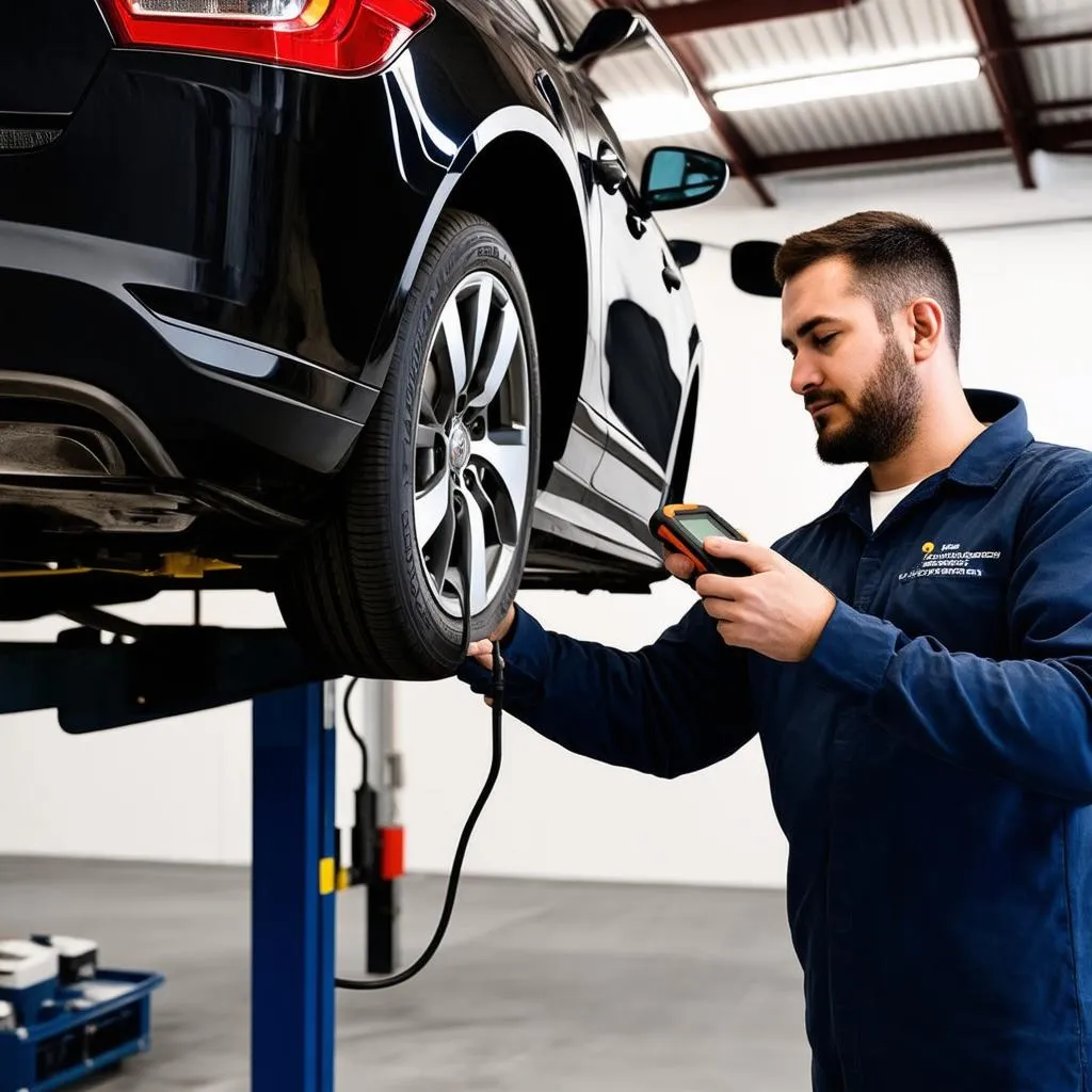 Mechanic using a scan tool on a car