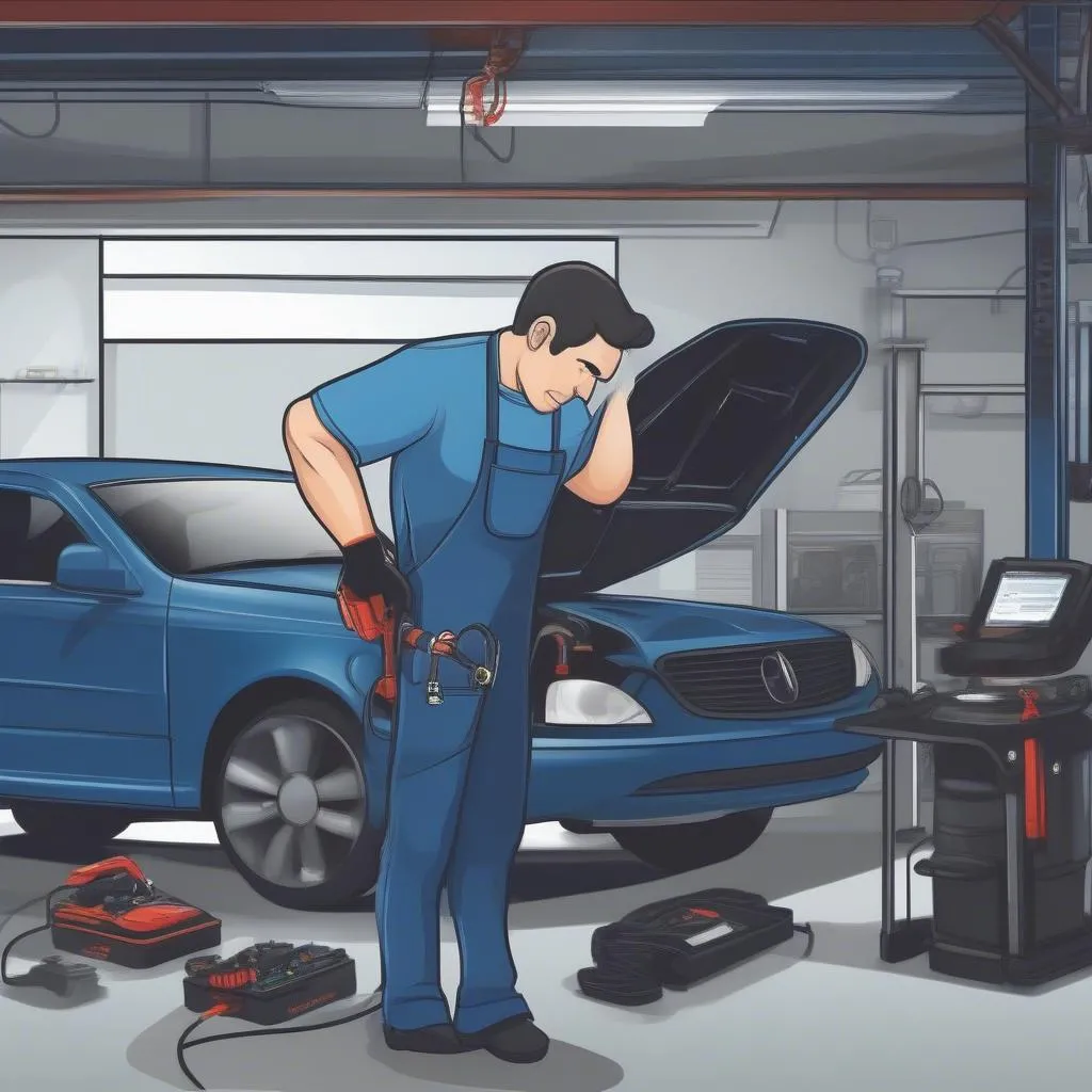 Mechanic using a professional car diagnostic tool