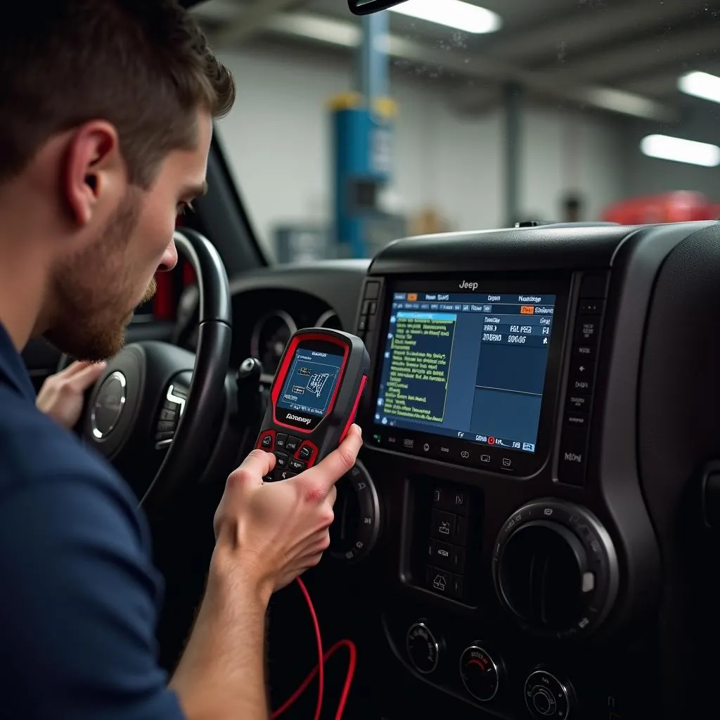 Professional scan tool connected to a Jeep Wrangler