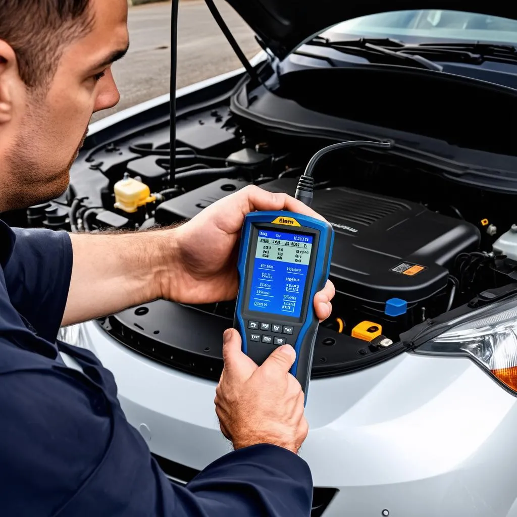 Mechanic using a professional scan tool to diagnose a car