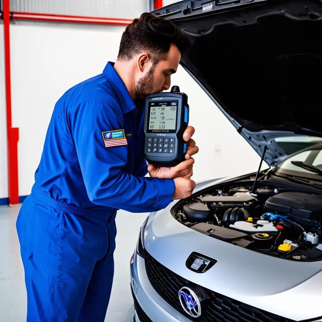 Mechanic using a professional scan tool with live data to diagnose a car engine problem