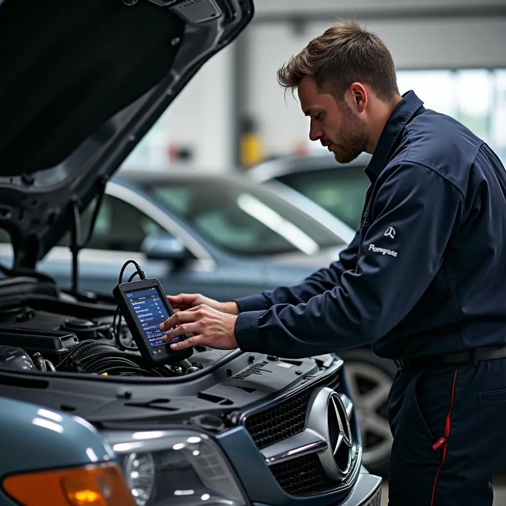 Mechanic using a promoter scan tool on a European car