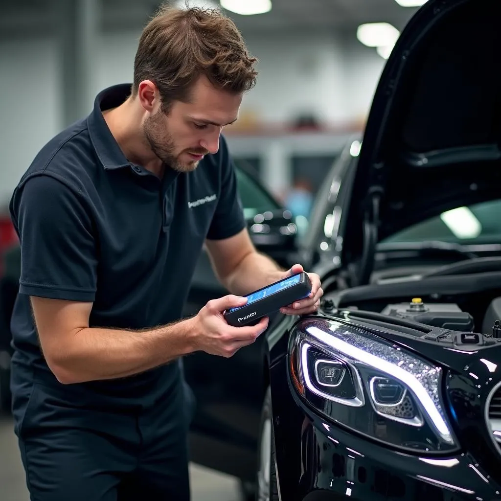 Mechanic using Prowler scanning tool to diagnose car engine issue