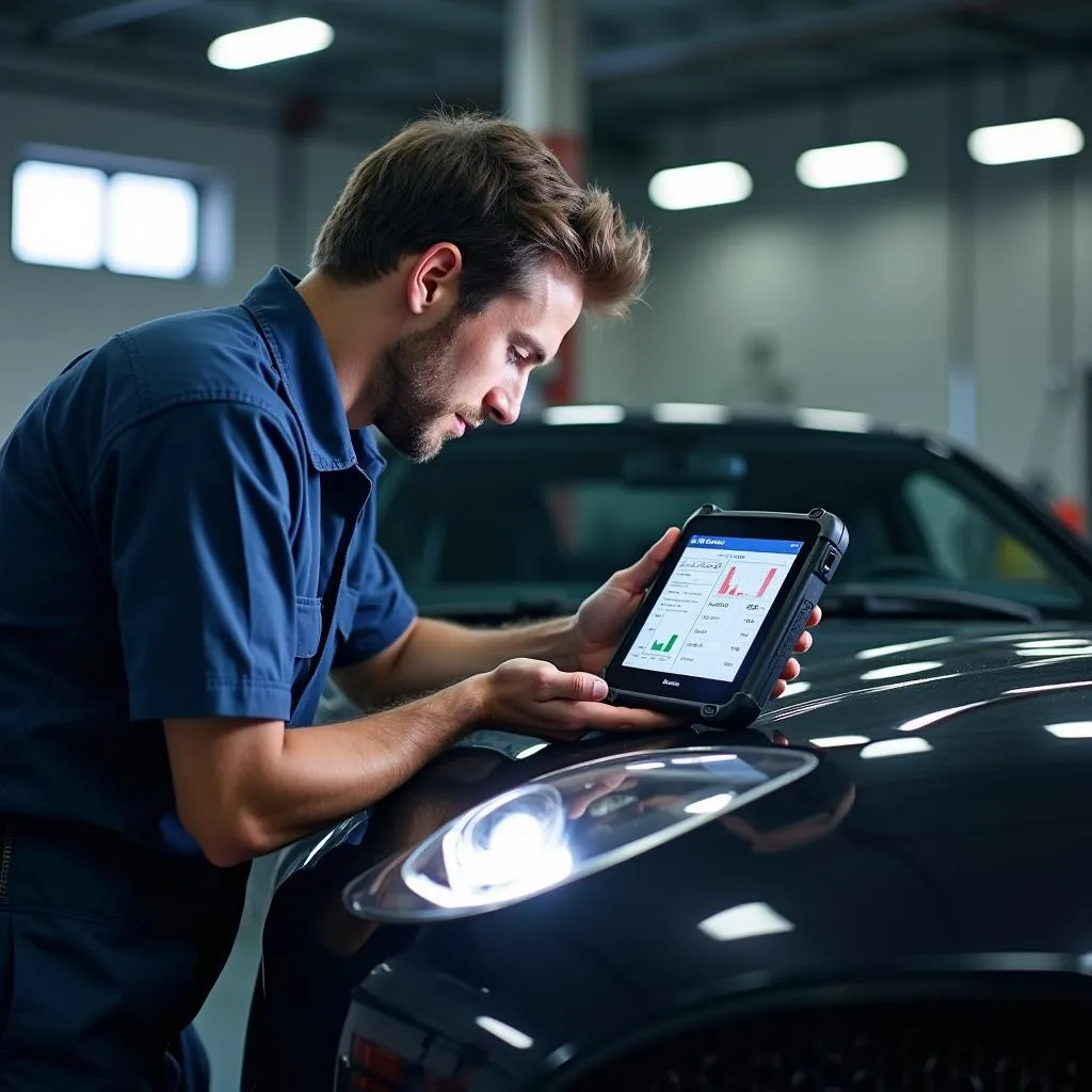 Mechanic using a Proxim scan tool to diagnose a car