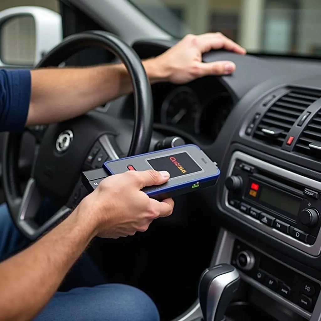 Mechanic connecting Q-See scan tool to car's OBD-II port