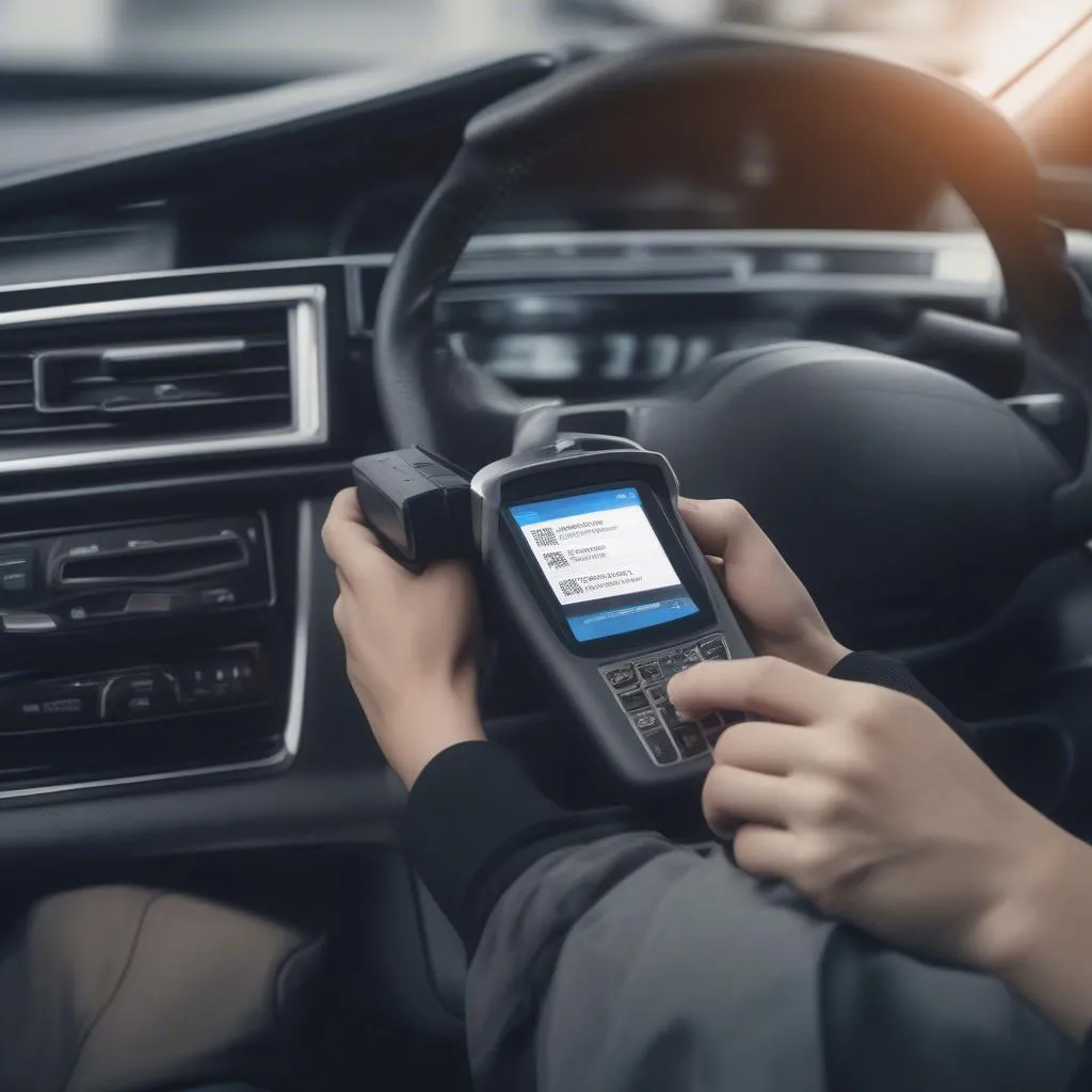 Mechanic using QR code scanner on a car's dashboard