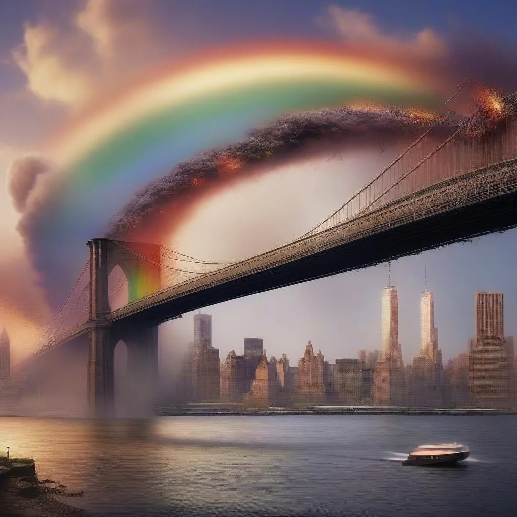 A depiction of a car exploding on the Rainbow Bridge