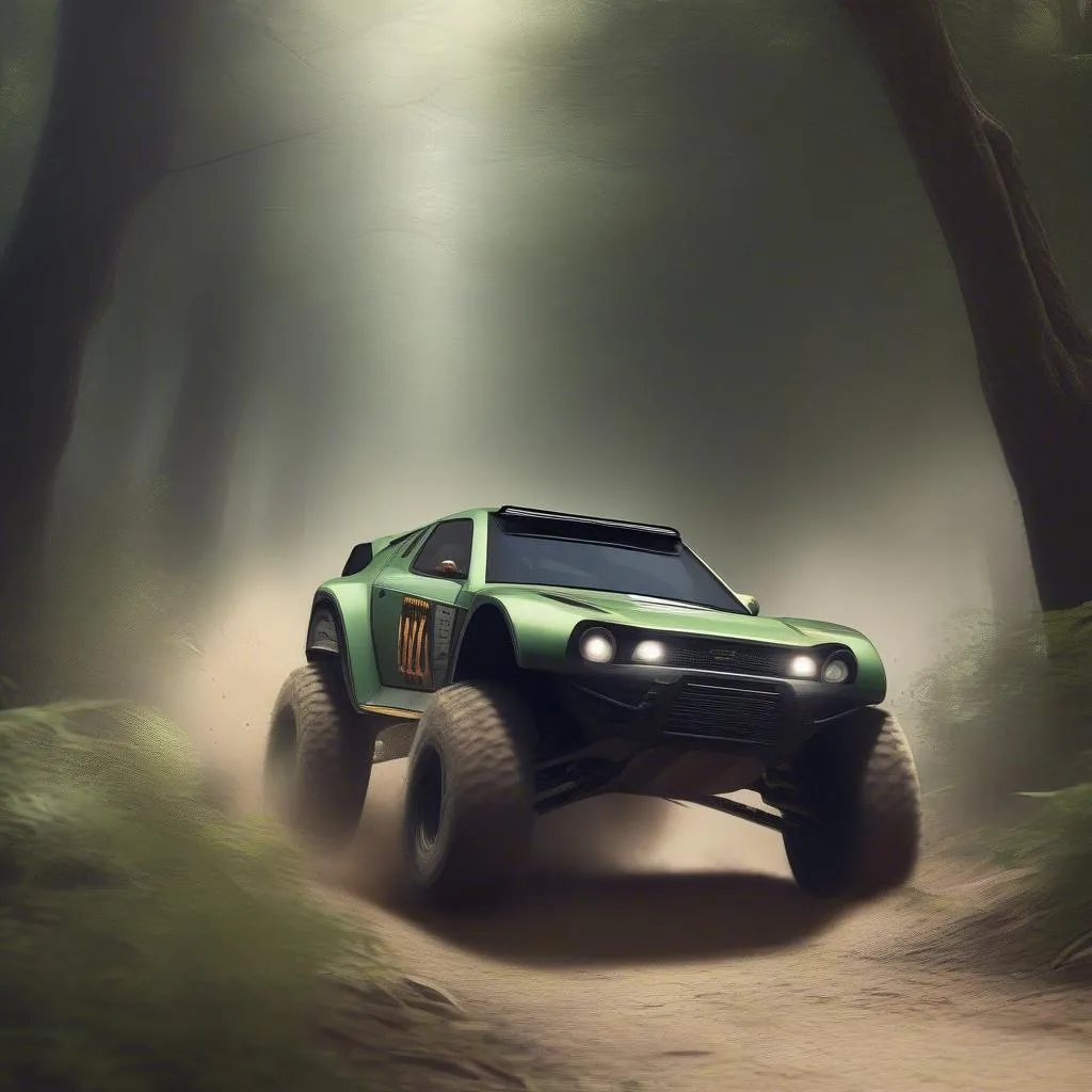 Rally fighter car in a forest