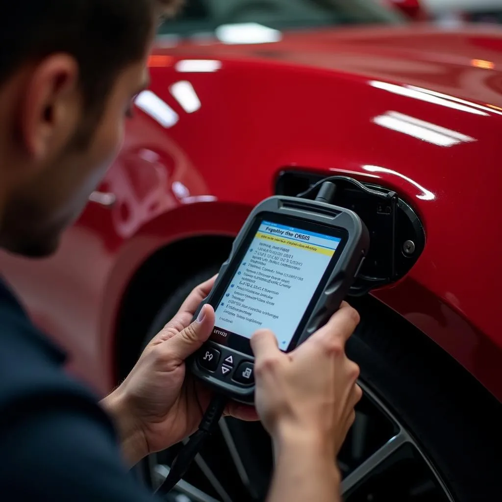 Mechanic using a registry scan tool on a car