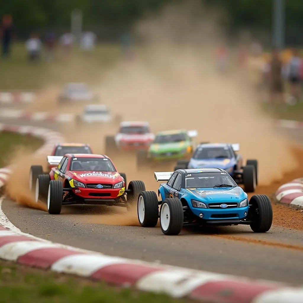 Remote control cars racing on a track