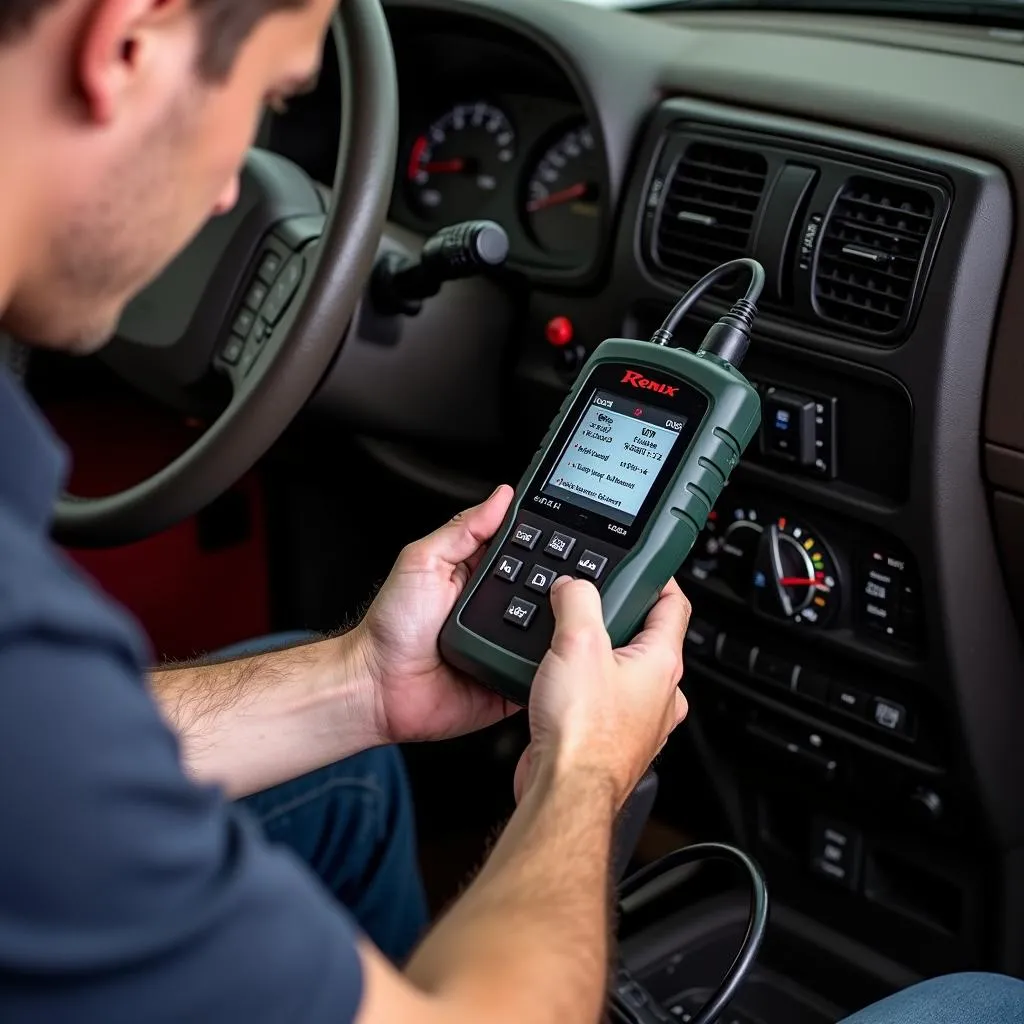 Mechanic using a Renix scan tool on a Jeep Cherokee