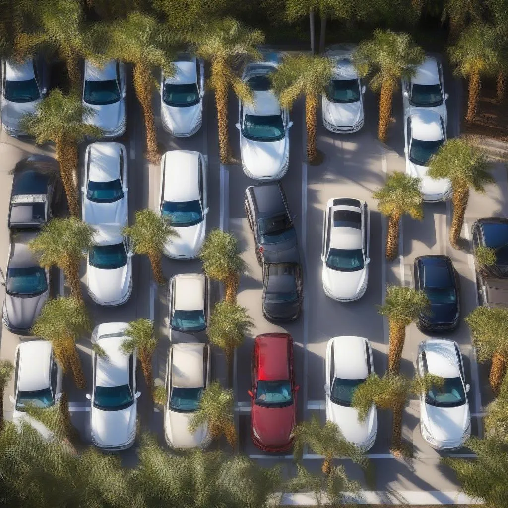 Rows of shiny rental cars lined up in a parking lot