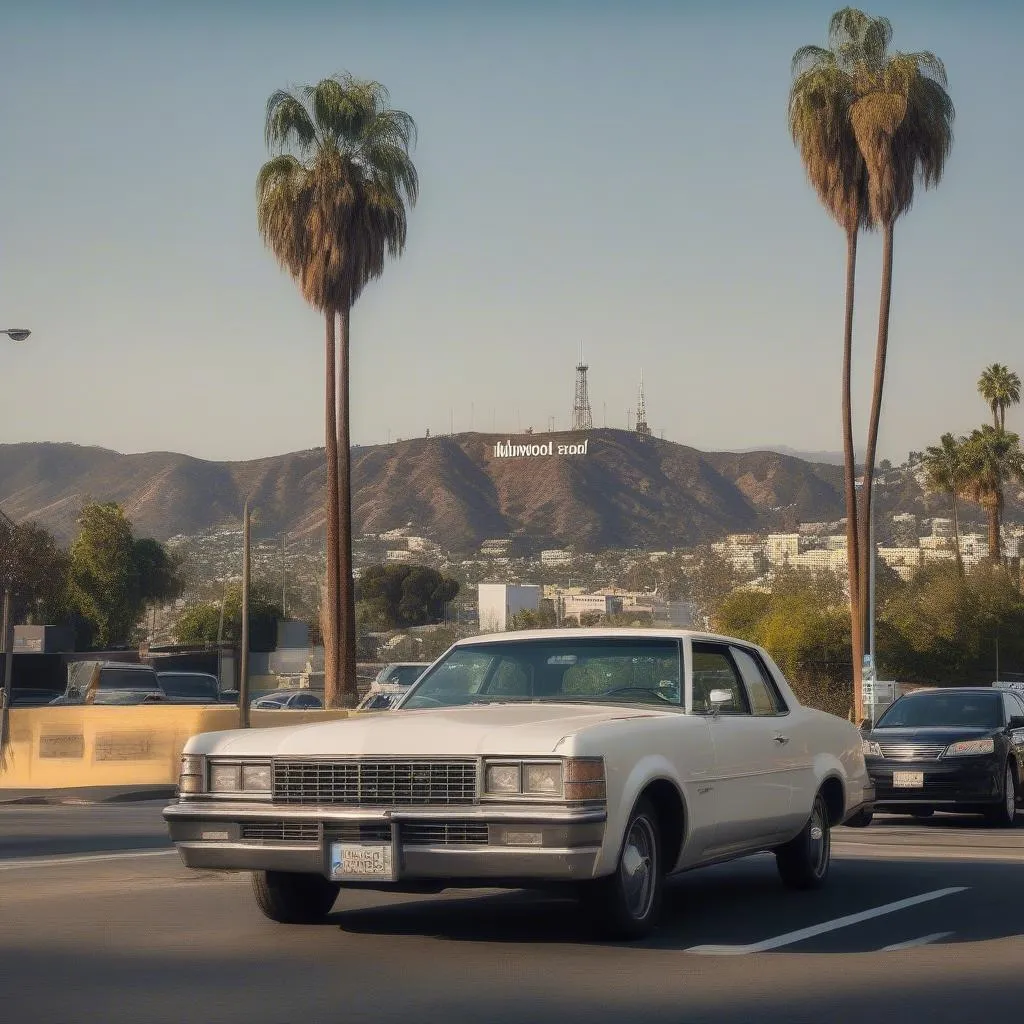 Rental car parked in Hollywood with iconic Hollywood sign in background