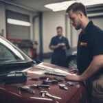 A locksmith working on a car key