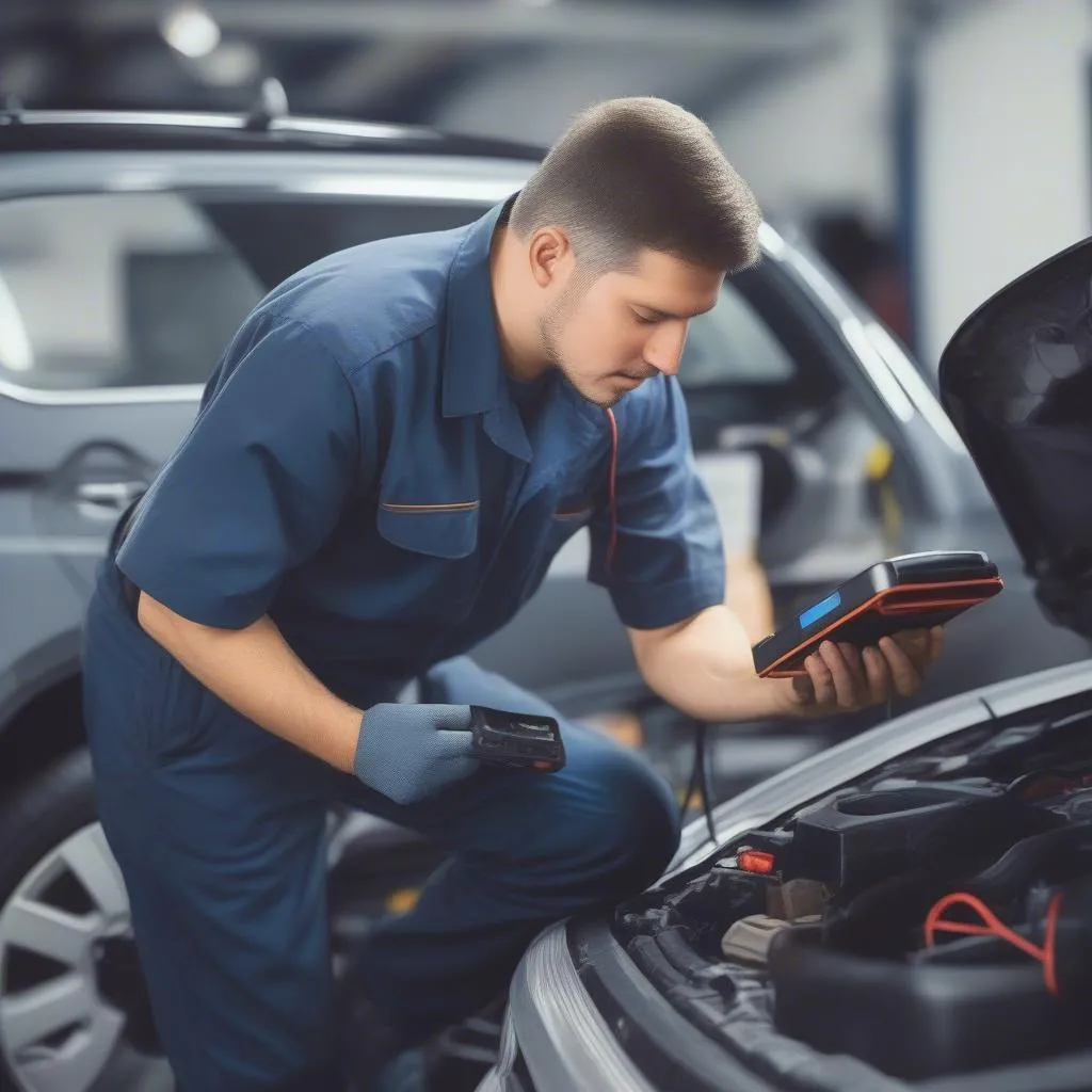 Mechanic using an OBD2 scanner to diagnose a car's ABS system