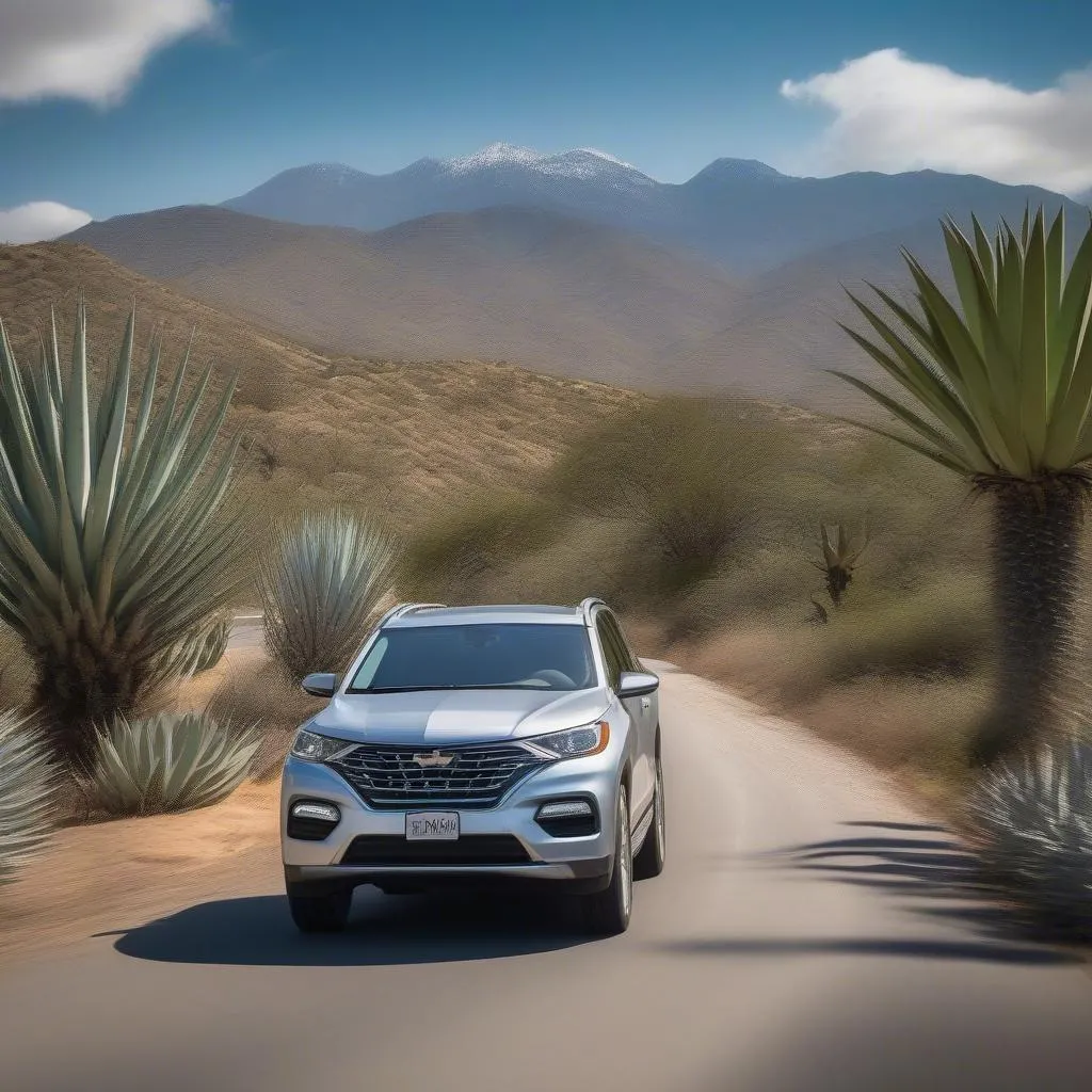 A car driving along a scenic road surrounded by agave plants, with mountains in the distance