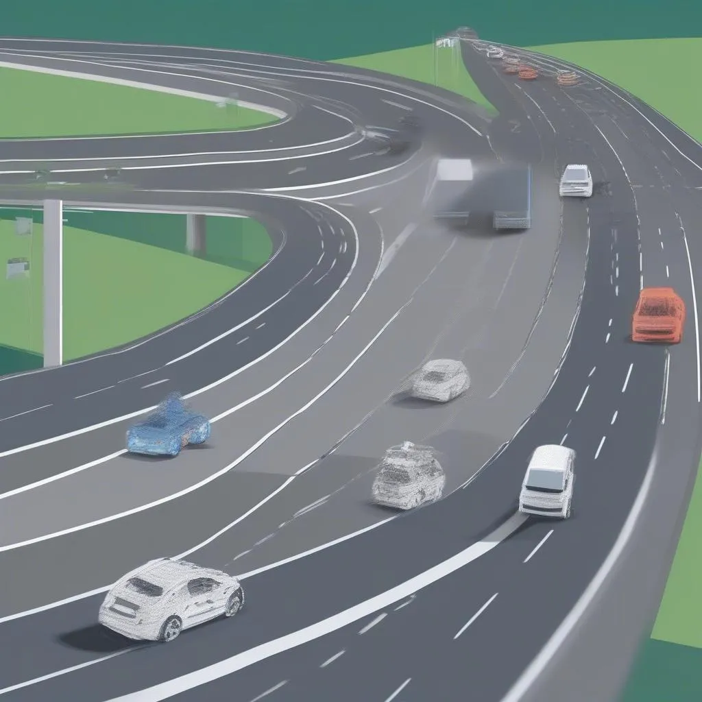 A robot car navigating a highway with other vehicles