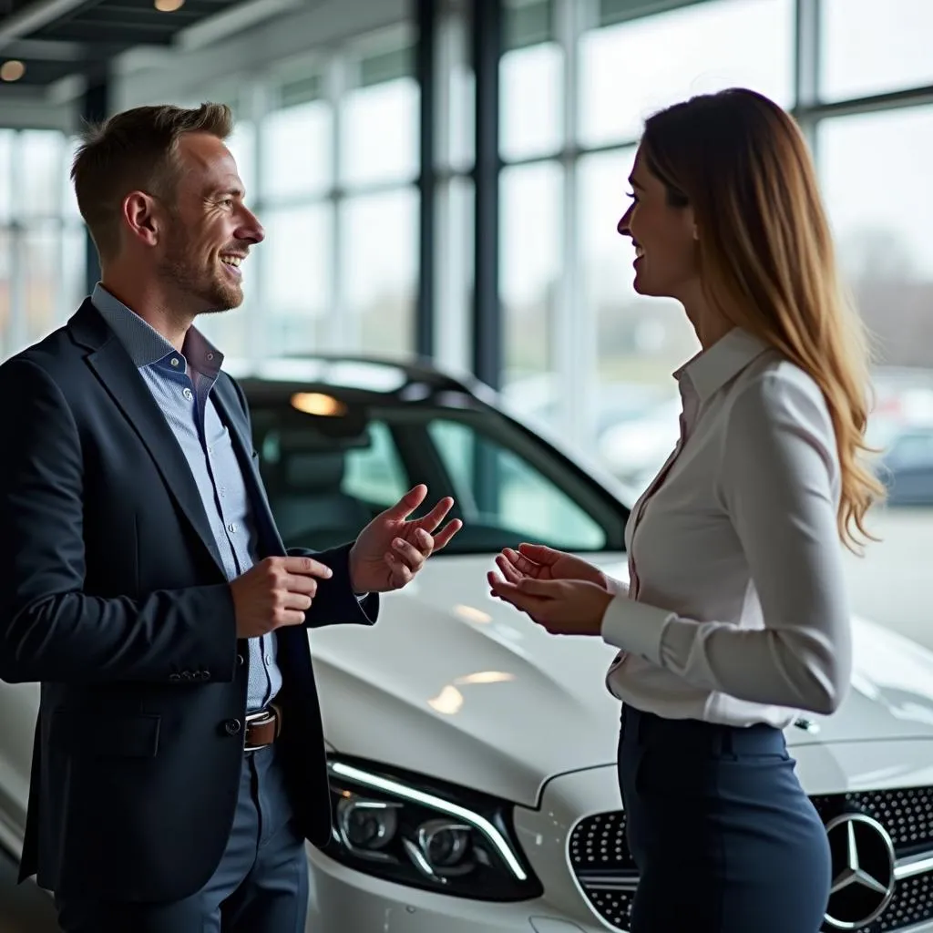 Knowledgeable Salesperson Assisting Customer at Dealership