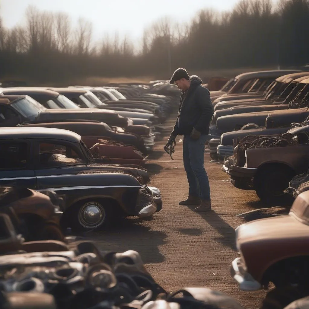 A person exploring a salvage yard for car parts