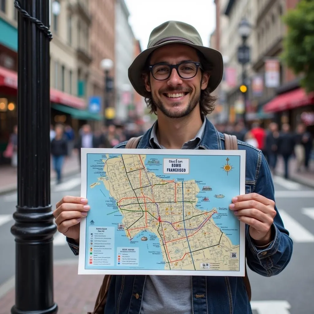 Tourist holding a San Francisco cable car map