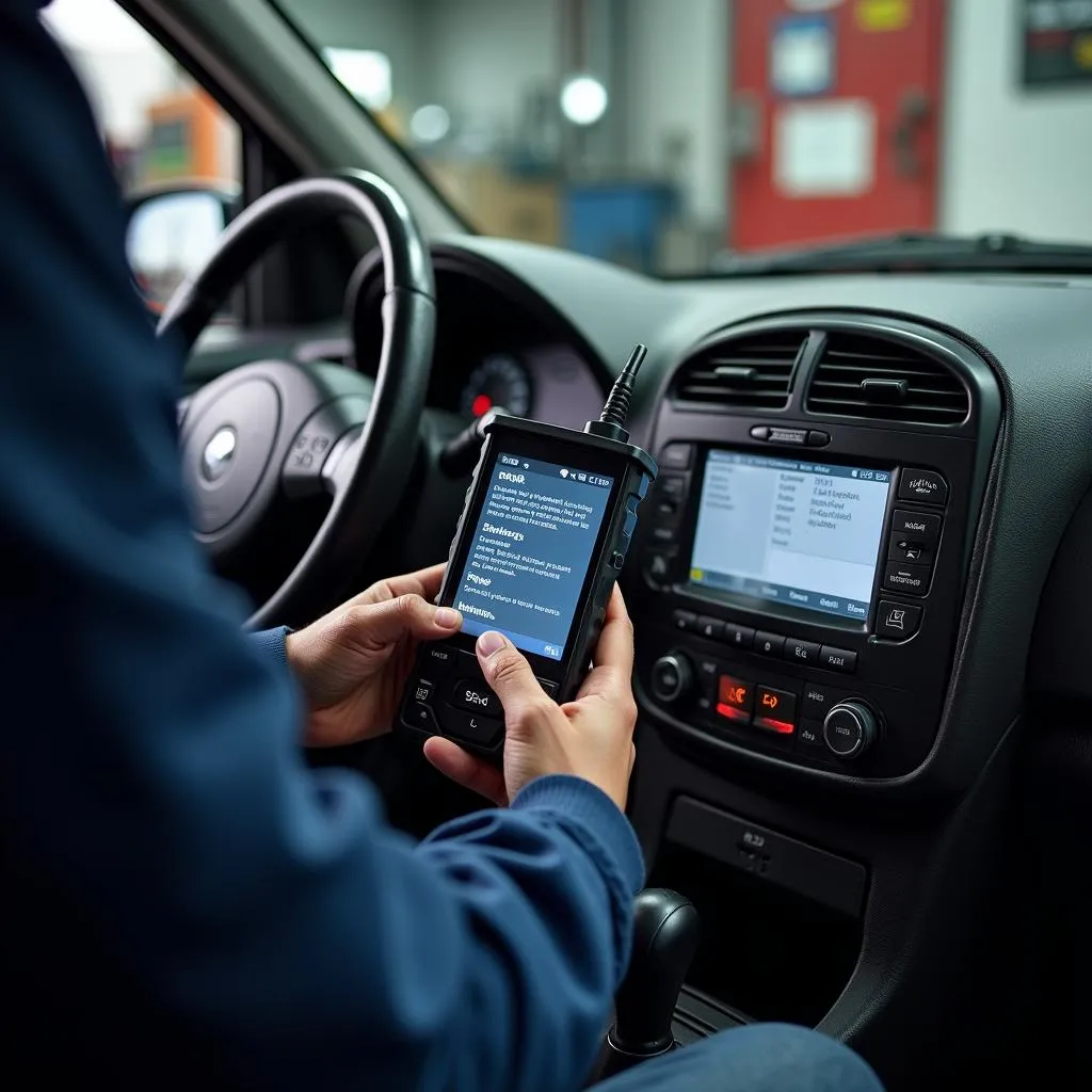 Mechanic using a Saturn Vue BCM scan tool