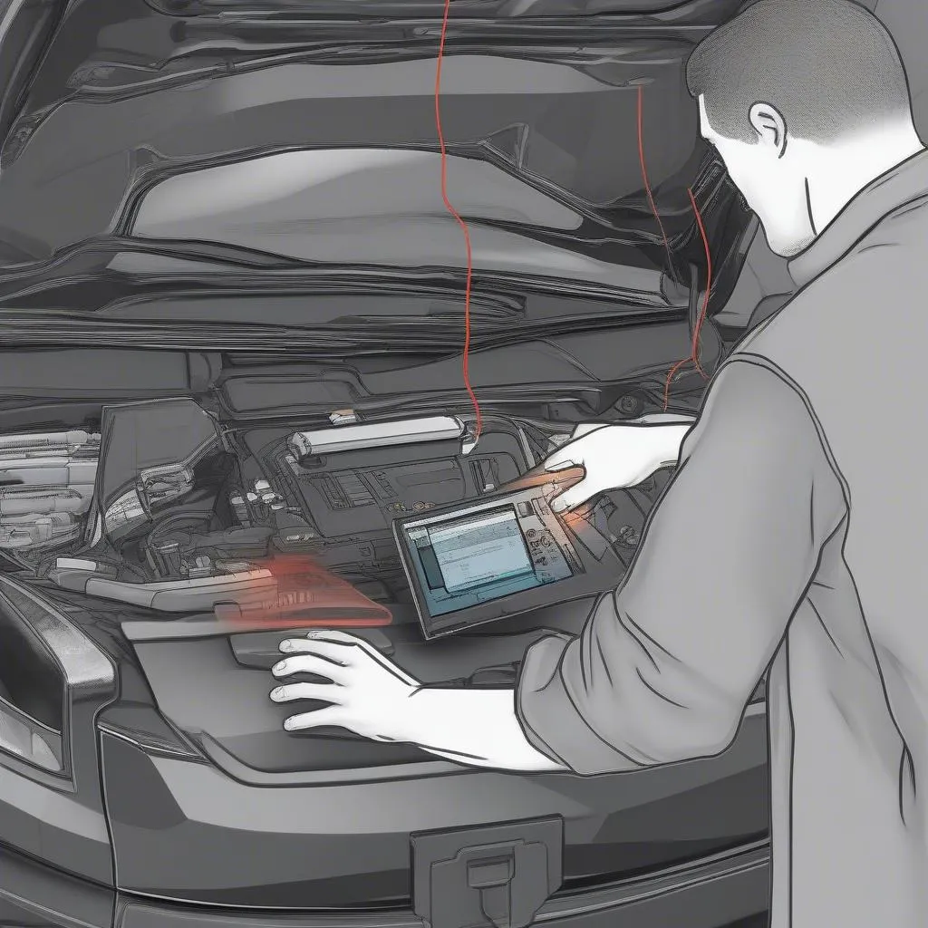 Mechanic using a scan optical link assessment tool to diagnose electrical issues in a European car